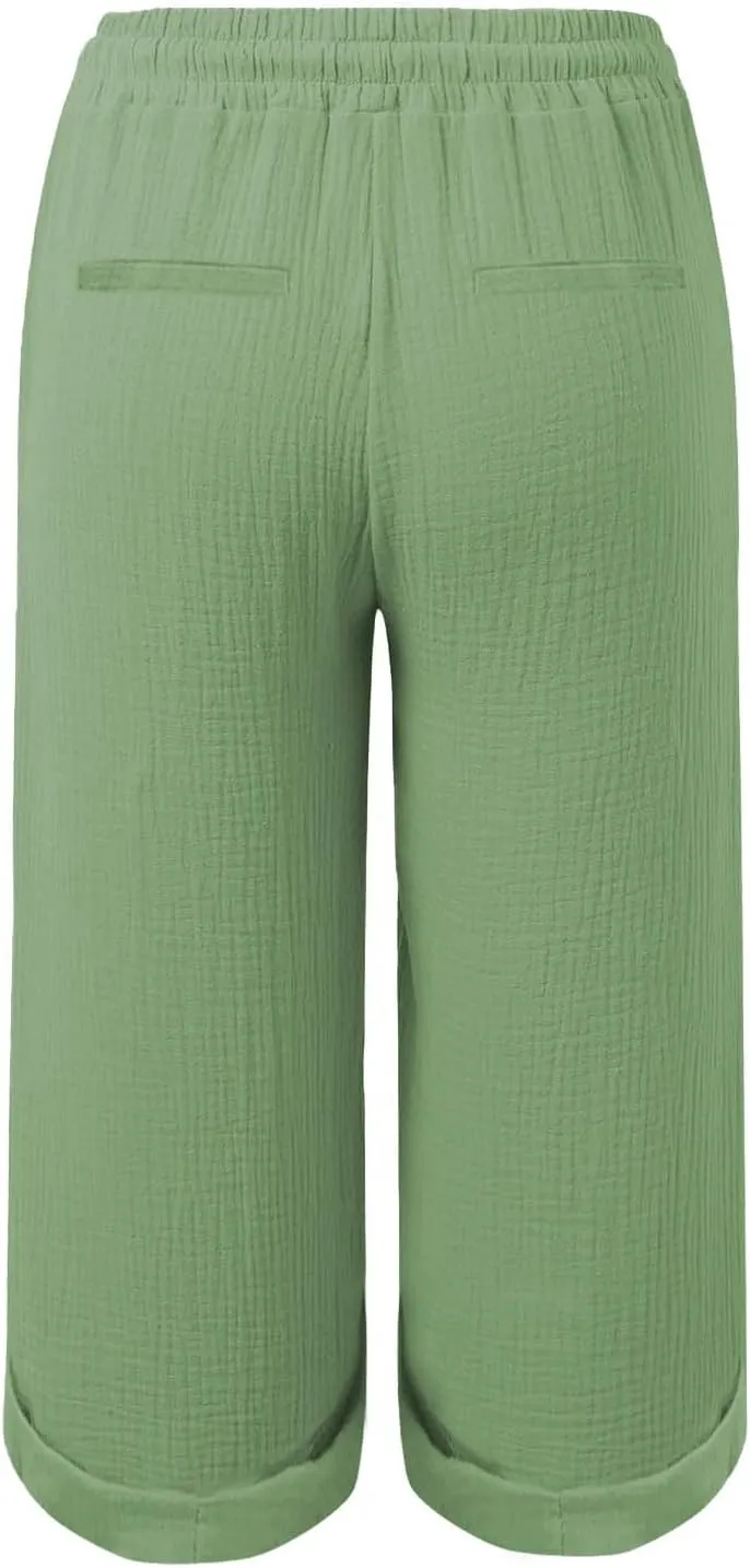 Capri Pants for Women Casual 2025 Wide Leg Drawstring Elastic Waist Loose Cropped Trousers Summer Outfit with Pockets