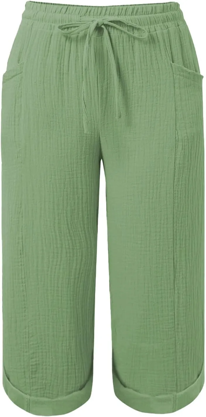 Capri Pants for Women Casual 2025 Wide Leg Drawstring Elastic Waist Loose Cropped Trousers Summer Outfit with Pockets