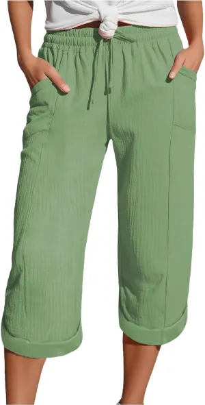 Capri Pants for Women Casual 2025 Wide Leg Drawstring Elastic Waist Loose Cropped Trousers Summer Outfit with Pockets