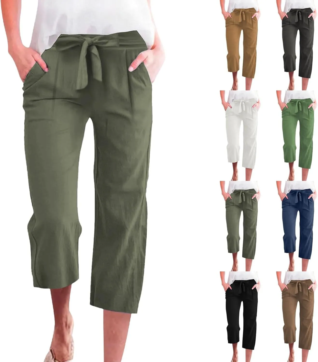 Capri Pants for Women Casual Wide Leg Linen Pants Elastic Waist Tie Belt Straight Leg Drawstring Trousers with Pockets