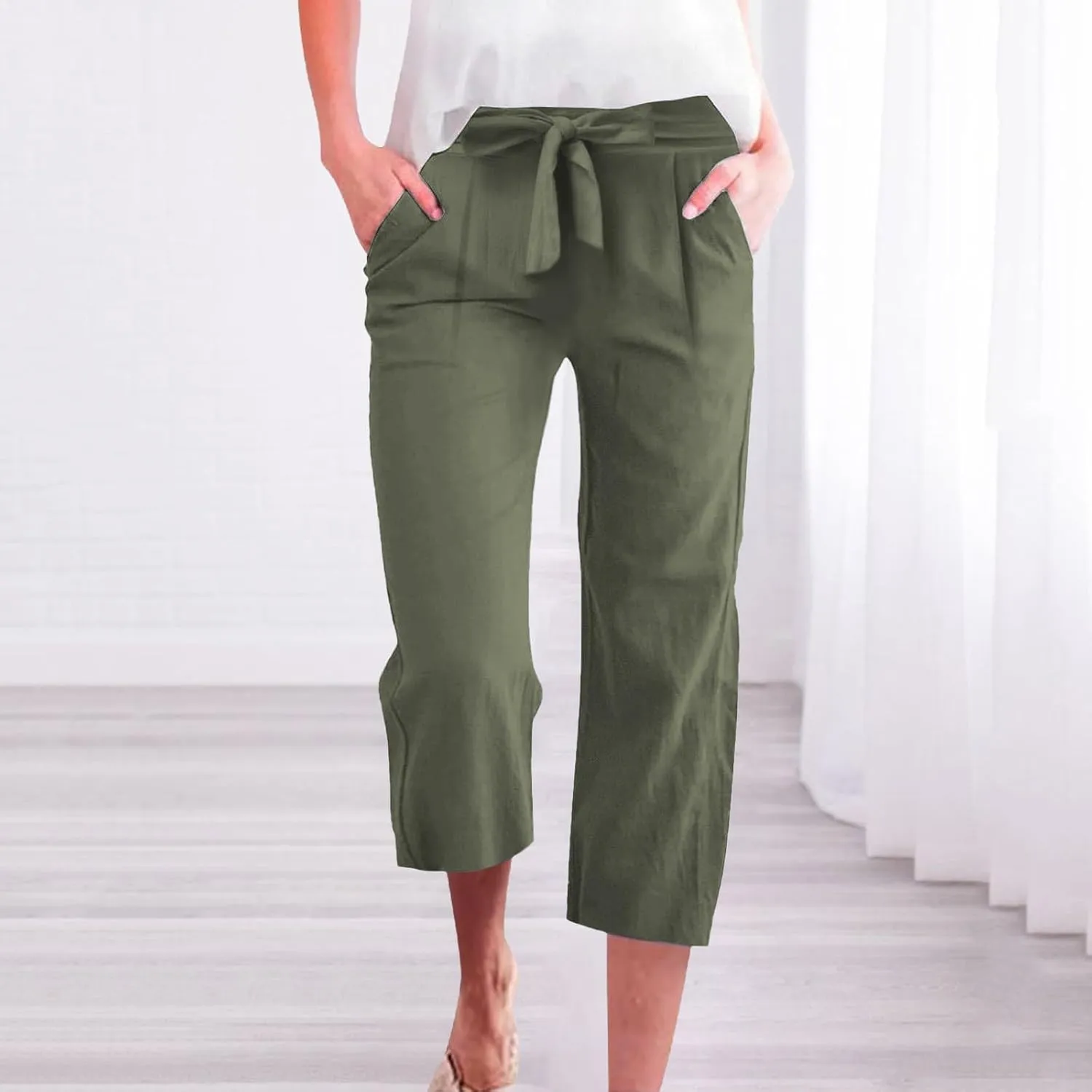 Capri Pants for Women Casual Wide Leg Linen Pants Elastic Waist Tie Belt Straight Leg Drawstring Trousers with Pockets