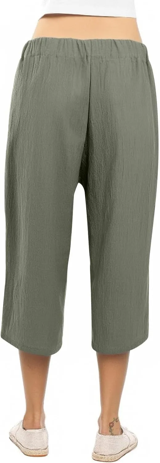 Capri Pants for Women Casual Wide Leg Linen Pants Elastic Waist Tie Belt Straight Leg Drawstring Trousers with Pockets