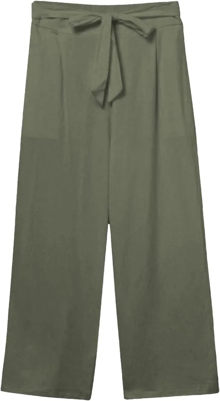 Capri Pants for Women Casual Wide Leg Linen Pants Elastic Waist Tie Belt Straight Leg Drawstring Trousers with Pockets