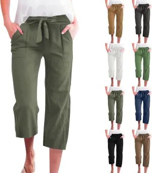 Capri Pants for Women Casual Wide Leg Linen Pants Elastic Waist Tie Belt Straight Leg Drawstring Trousers with Pockets