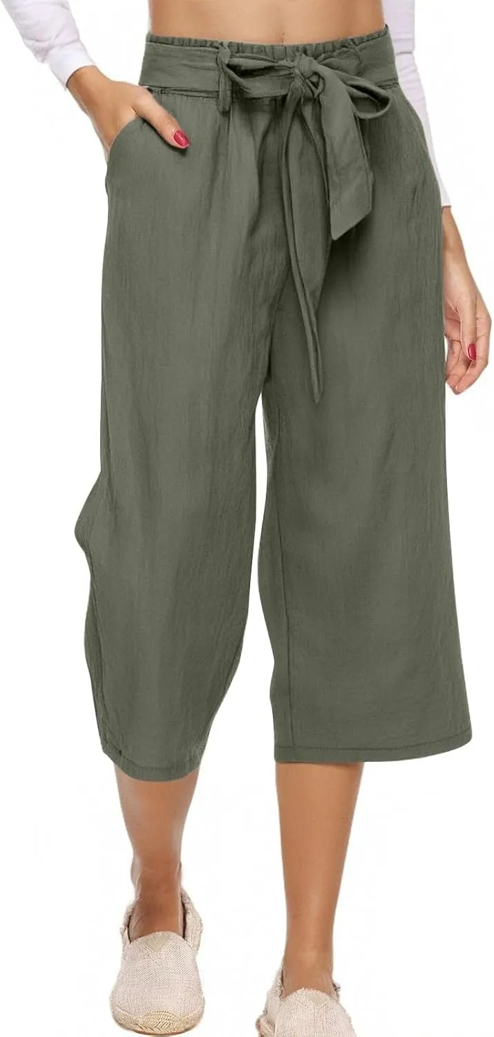Capri Pants for Women Casual Wide Leg Linen Pants Elastic Waist Tie Belt Straight Leg Drawstring Trousers with Pockets