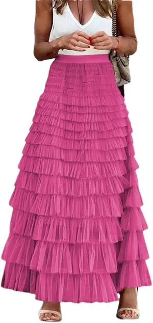 Casual Womens Solid Long Skirt Tulle High Waist Pleated Skirt Ladies Wild Mesh Maxi Skirts