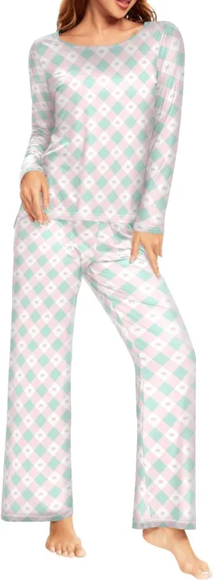 CaTaKu Women's Cute Bows Plaid Pajama Set 2 Piece Lounge Set Women Long Sleeve Ladies Pjs Set