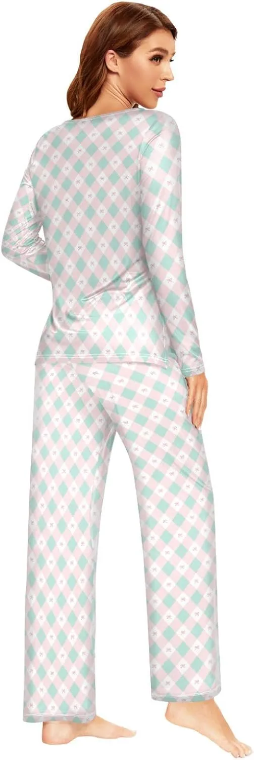 CaTaKu Women's Cute Bows Plaid Pajama Set 2 Piece Lounge Set Women Long Sleeve Ladies Pjs Set