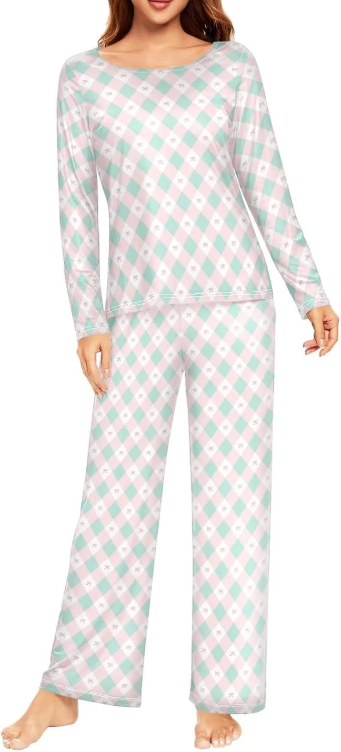 CaTaKu Women's Cute Bows Plaid Pajama Set 2 Piece Lounge Set Women Long Sleeve Ladies Pjs Set