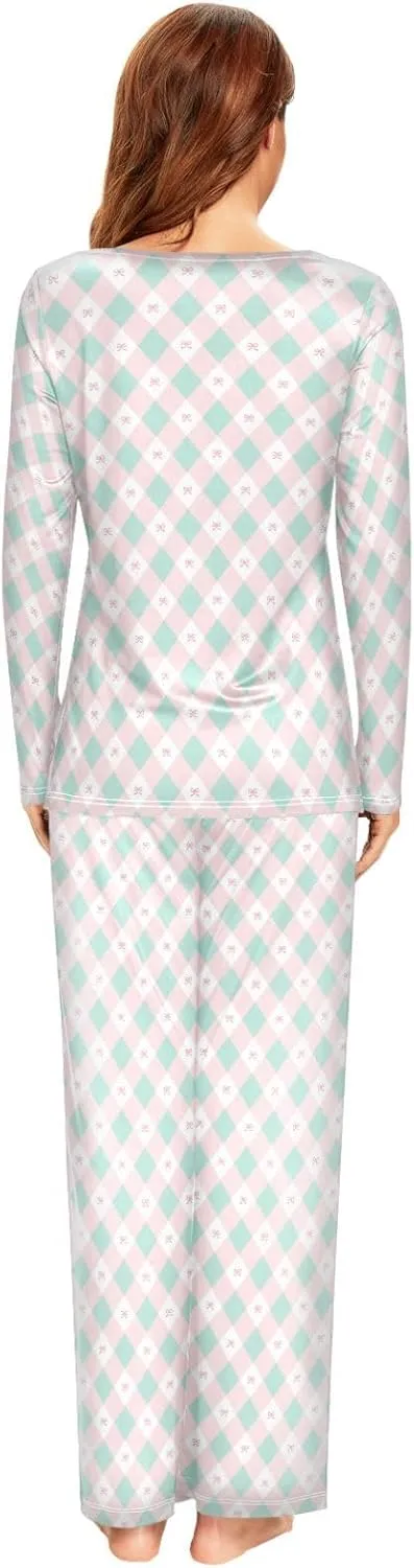 CaTaKu Women's Cute Bows Plaid Pajama Set 2 Piece Lounge Set Women Long Sleeve Ladies Pjs Set