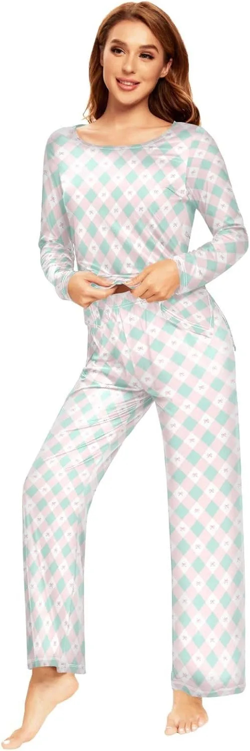CaTaKu Women's Cute Bows Plaid Pajama Set 2 Piece Lounge Set Women Long Sleeve Ladies Pjs Set
