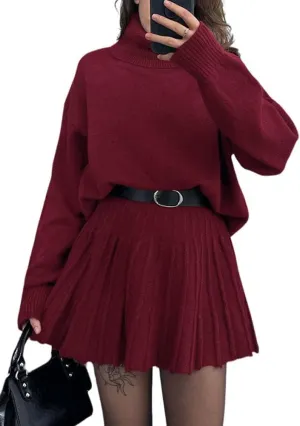 chouyatou Women's 2 Piece Sweater Skirt Sets Turtleneck Pullover Tops Mini Pleated Skirt Two Piece Knitted Outfits