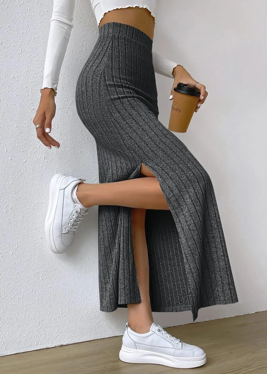 chouyatou Women's Casual High Waist Knit Skirt Side Split A-Line Bodycon Skirt Maxi Long Skirt