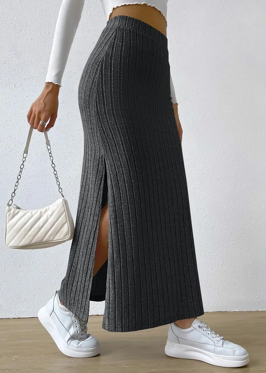 chouyatou Women's Casual High Waist Knit Skirt Side Split A-Line Bodycon Skirt Maxi Long Skirt