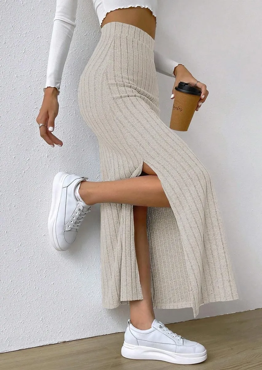 chouyatou Women's Casual High Waist Knit Skirt Side Split A-Line Bodycon Skirt Maxi Long Skirt