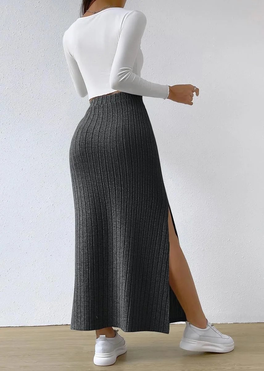 chouyatou Women's Casual High Waist Knit Skirt Side Split A-Line Bodycon Skirt Maxi Long Skirt