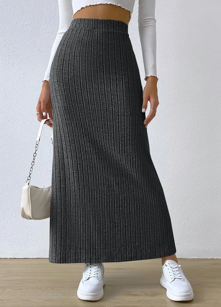 chouyatou Women's Casual High Waist Knit Skirt Side Split A-Line Bodycon Skirt Maxi Long Skirt