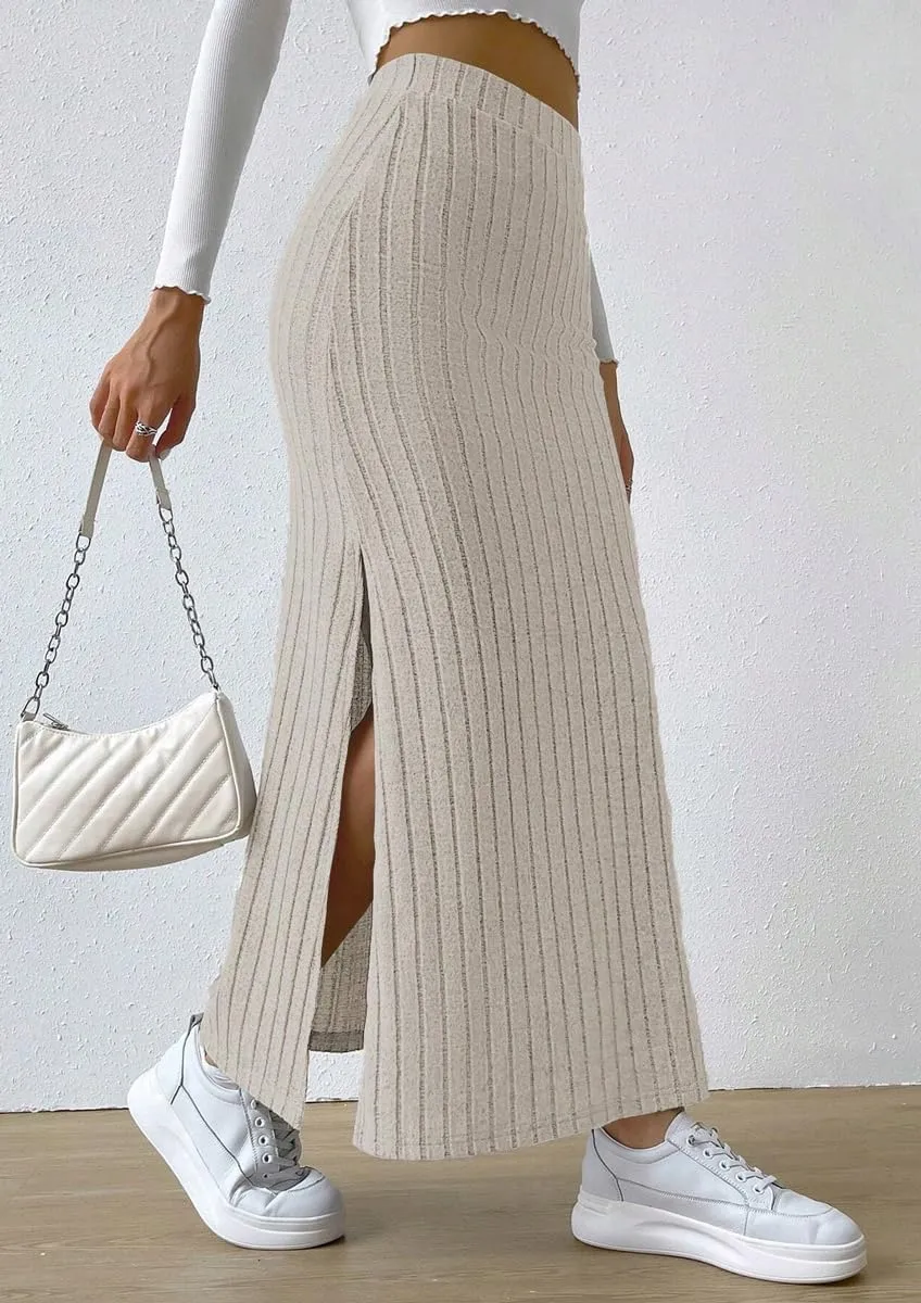 chouyatou Women's Casual High Waist Knit Skirt Side Split A-Line Bodycon Skirt Maxi Long Skirt