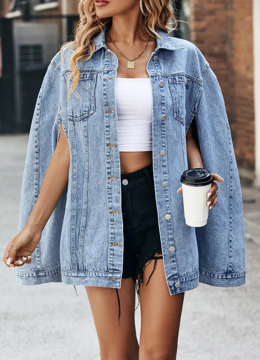 chouyatou Women's Oversized Denim Poncho Jacket Sleeveless Dressy Jean Jacket Cloak Coat