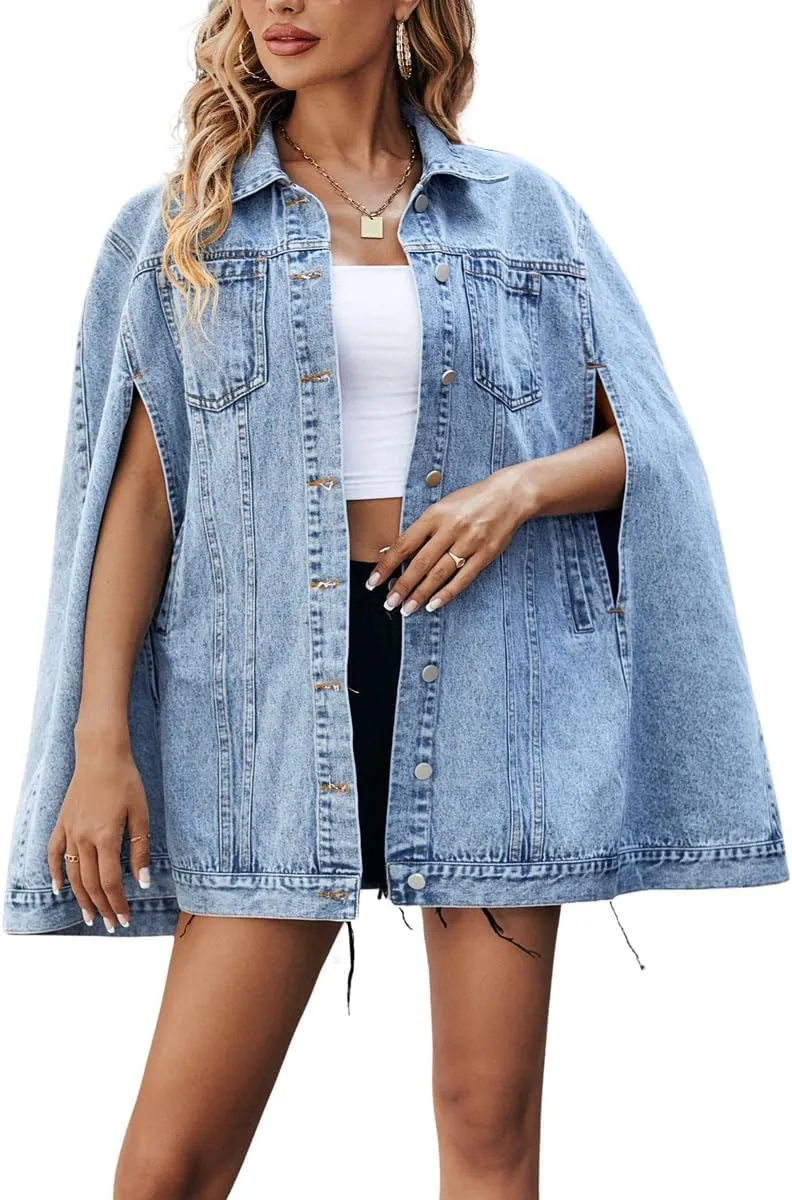 chouyatou Women's Oversized Denim Poncho Jacket Sleeveless Dressy Jean Jacket Cloak Coat