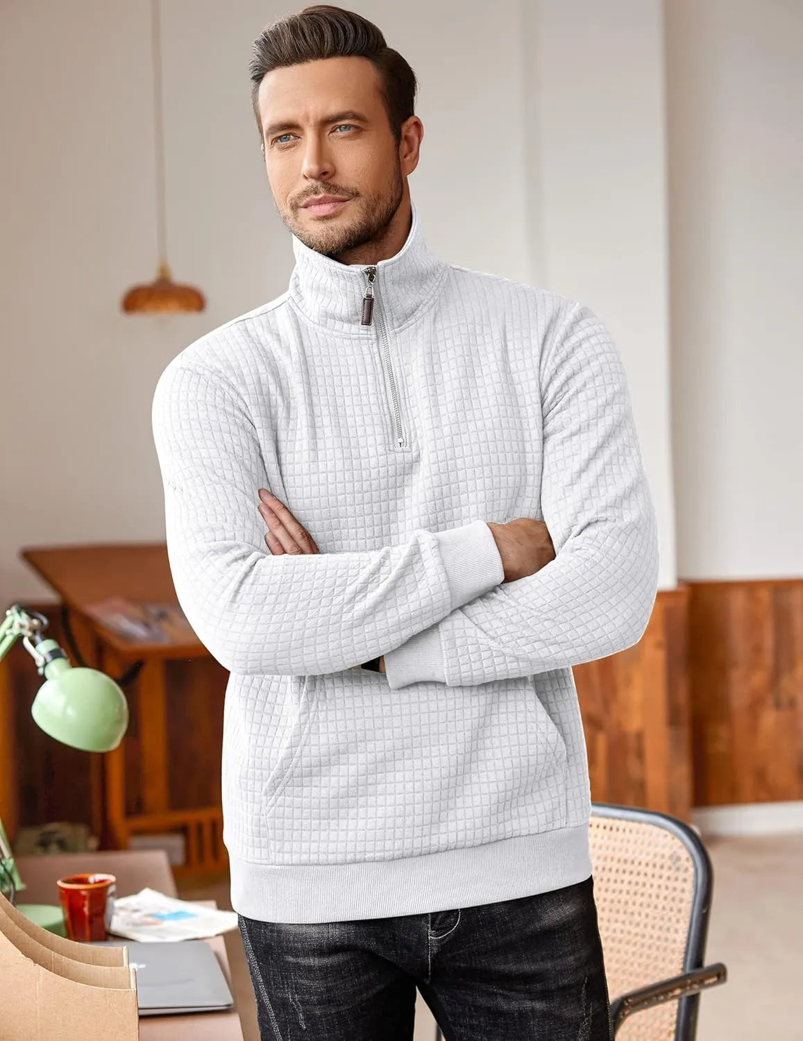 COOFANDY Mens Quarter Zip Sweatshirt Long Sleeve Casual Waffle Pullover Hoodies with Pocket
