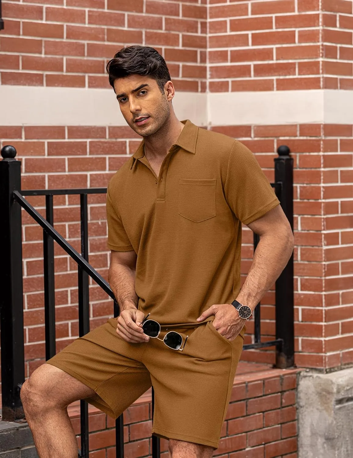 COOFANDY Men's Waffle Knit Polo Shirt and Shorts Set 2 Pieces Outfits Summer Suit Casual Tracksuit with Pockets