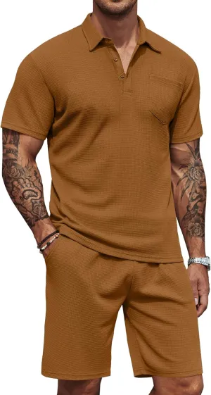 COOFANDY Men's Waffle Knit Polo Shirt and Shorts Set 2 Pieces Outfits Summer Suit Casual Tracksuit with Pockets