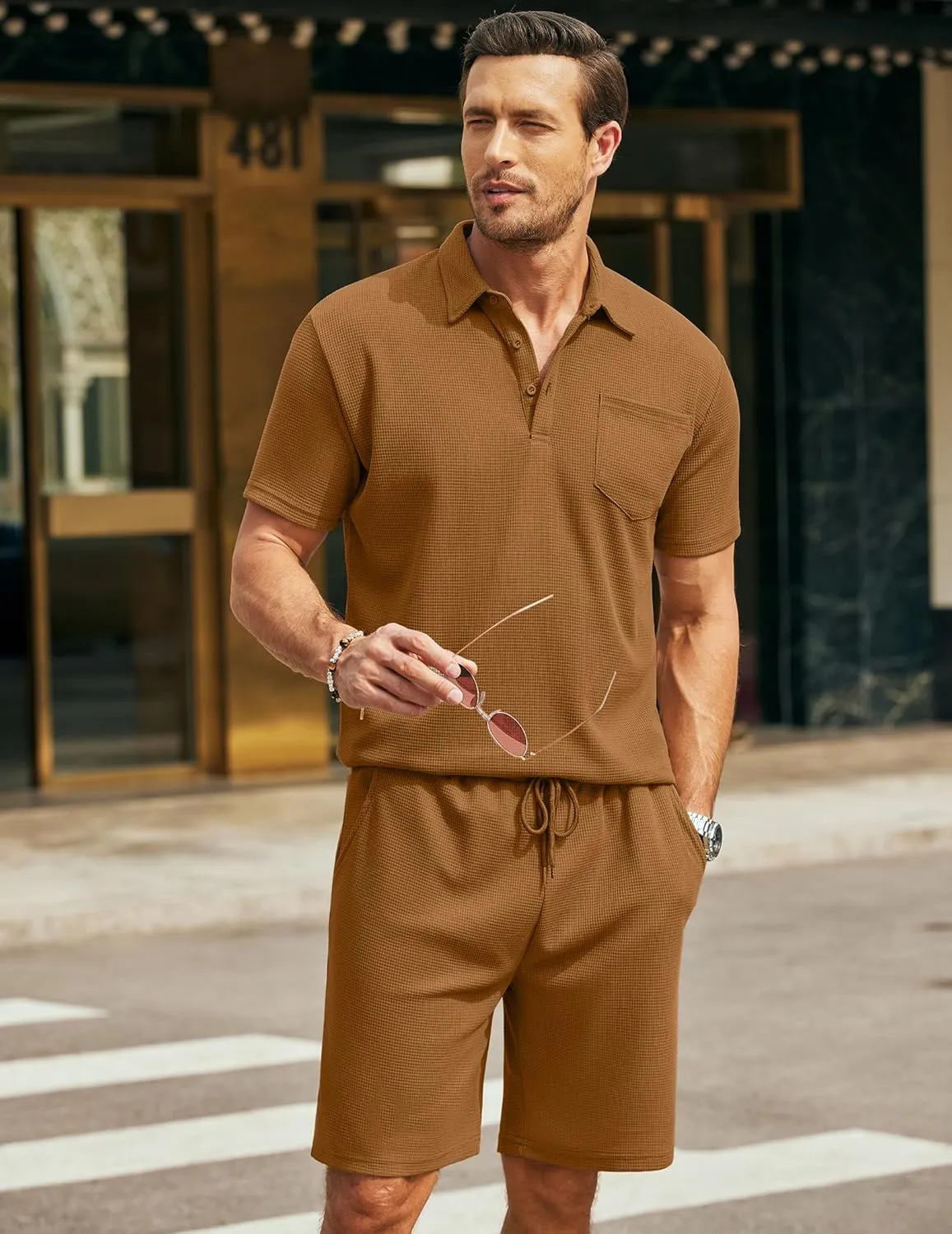 COOFANDY Men's Waffle Knit Polo Shirt and Shorts Set 2 Pieces Outfits Summer Suit Casual Tracksuit with Pockets