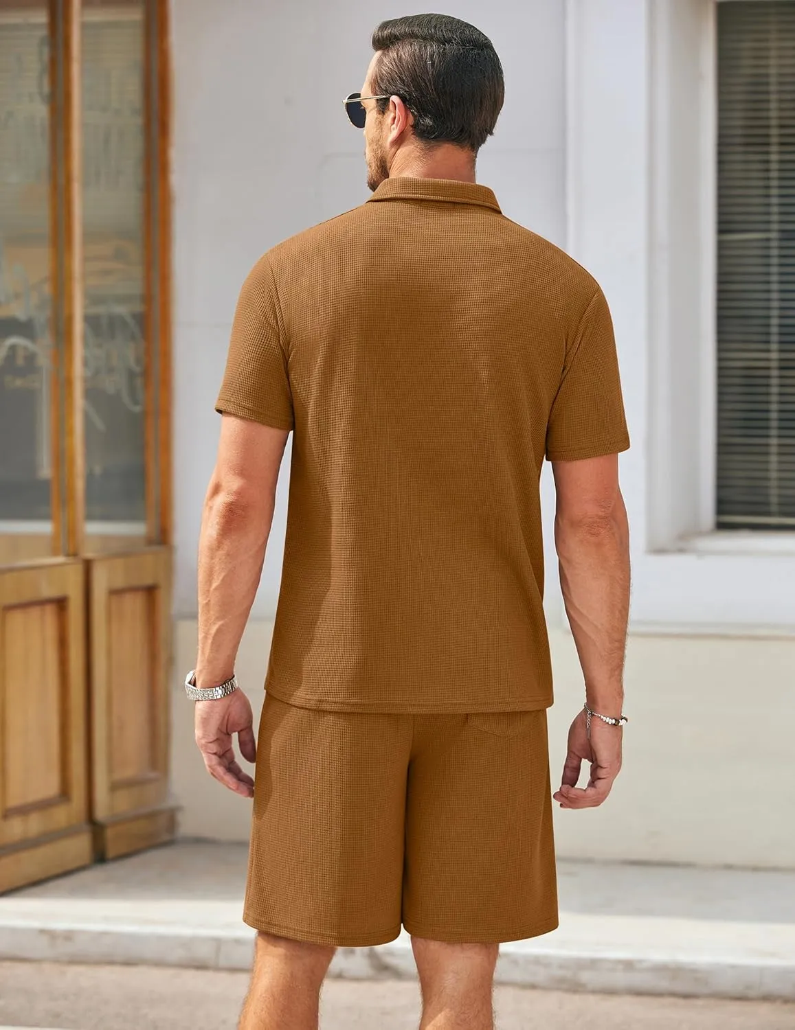 COOFANDY Men's Waffle Knit Polo Shirt and Shorts Set 2 Pieces Outfits Summer Suit Casual Tracksuit with Pockets