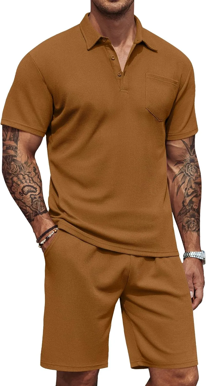 COOFANDY Men's Waffle Knit Polo Shirt and Shorts Set 2 Pieces Outfits Summer Suit Casual Tracksuit with Pockets