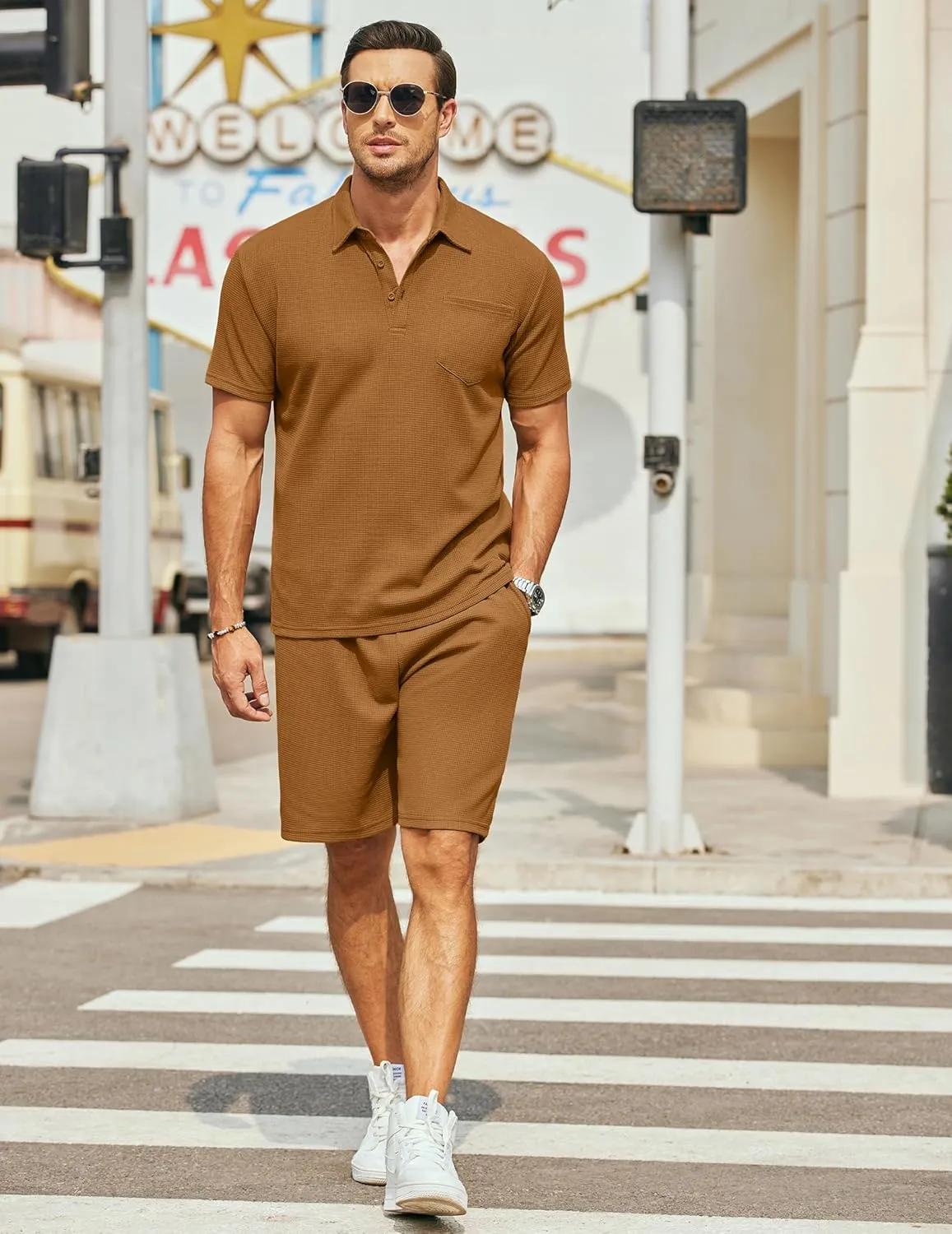 COOFANDY Men's Waffle Knit Polo Shirt and Shorts Set 2 Pieces Outfits Summer Suit Casual Tracksuit with Pockets