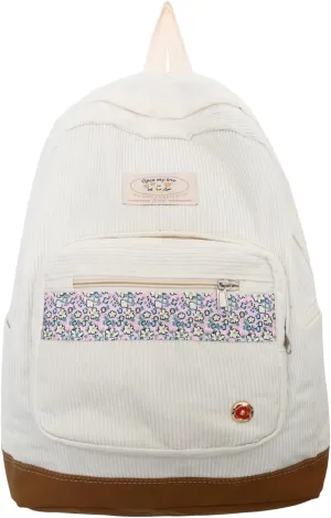 Corduroy Backpack Cute Floral Backpack for Women Y2K Aesthetic Backpack, White, One Size