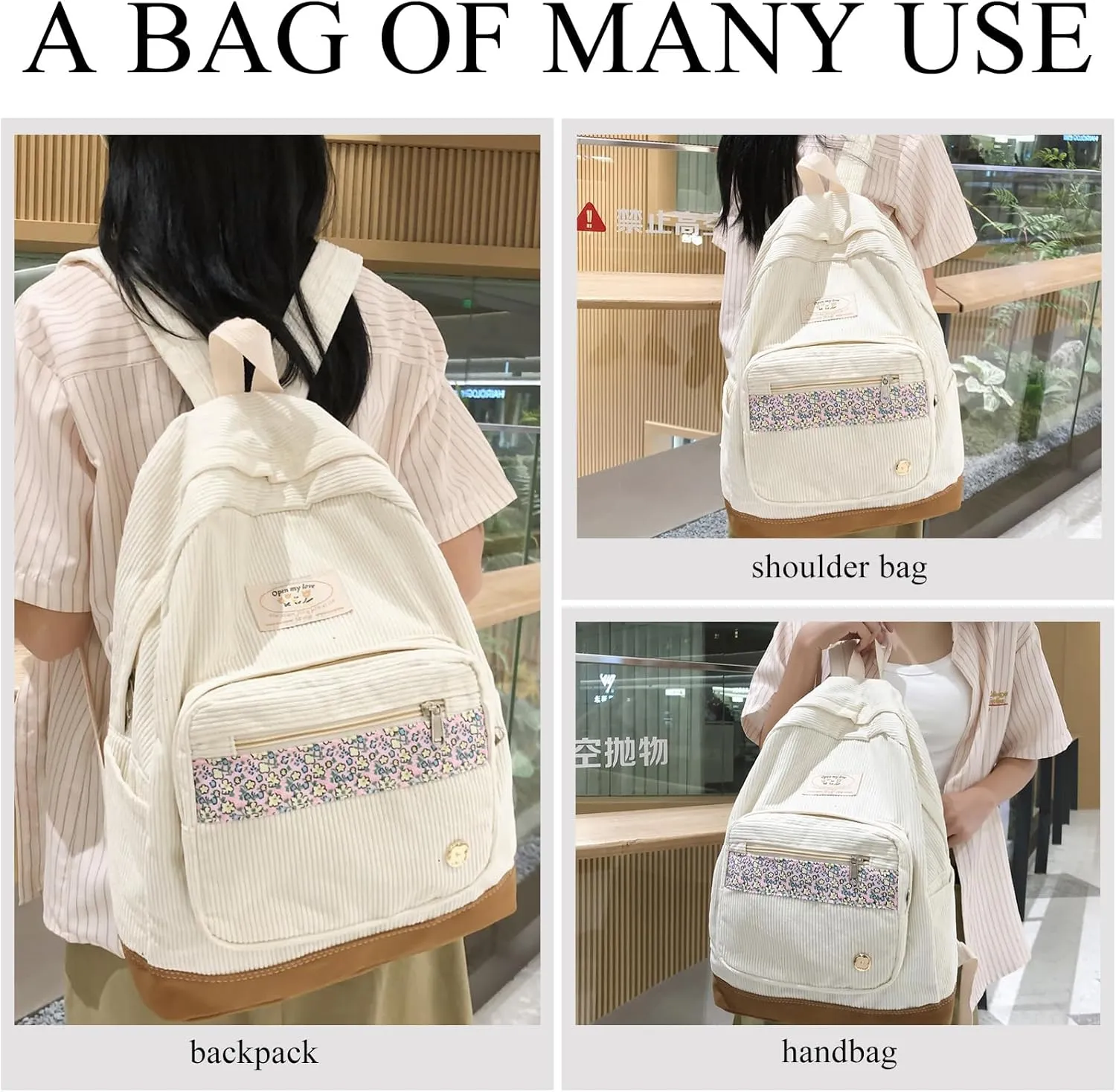 Corduroy Backpack Cute Floral Backpack for Women Y2K Aesthetic Backpack, White, One Size
