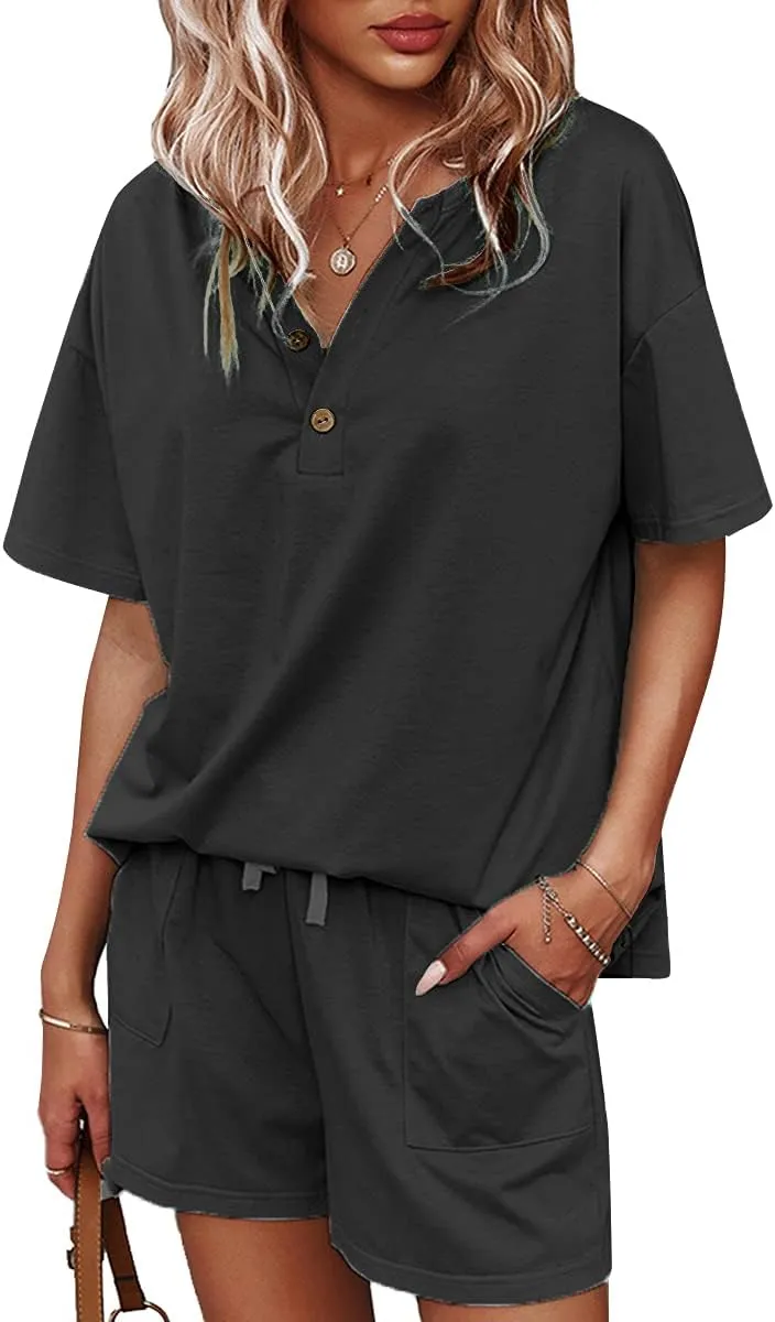CORSKI Women's Short Sleeve Sweatsuit Sets Lounge 2 Piece V Neck Tracksuit Casual Loose Fit Outfits
