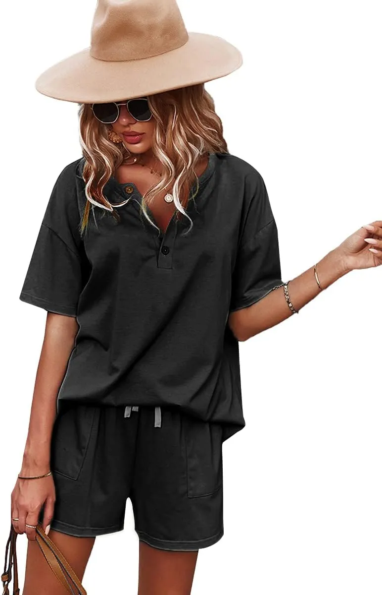 CORSKI Women's Short Sleeve Sweatsuit Sets Lounge 2 Piece V Neck Tracksuit Casual Loose Fit Outfits