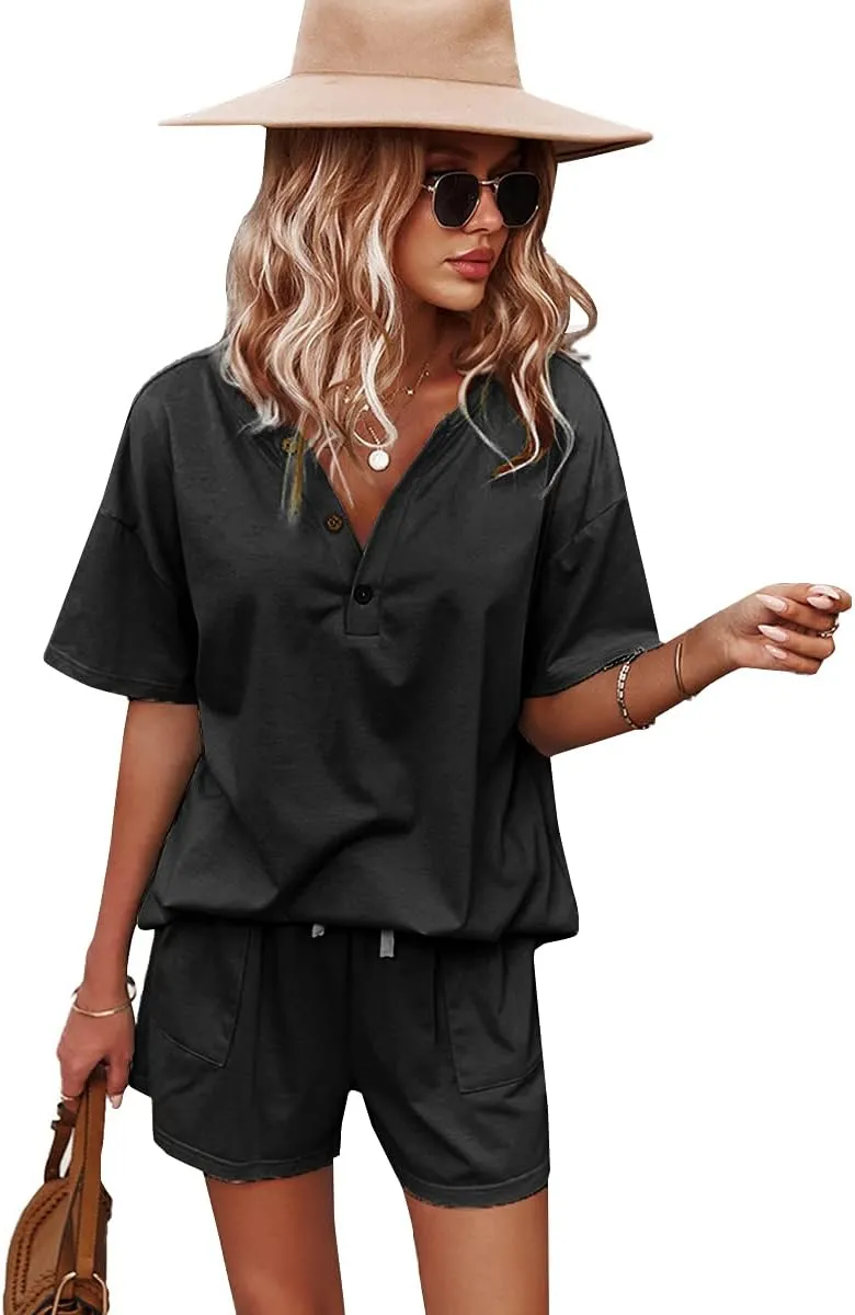 CORSKI Women's Short Sleeve Sweatsuit Sets Lounge 2 Piece V Neck Tracksuit Casual Loose Fit Outfits