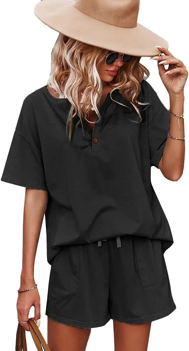 CORSKI Women's Short Sleeve Sweatsuit Sets Lounge 2 Piece V Neck Tracksuit Casual Loose Fit Outfits
