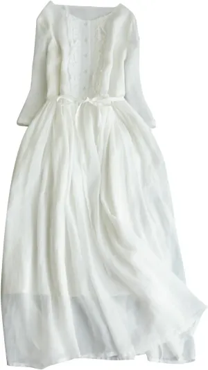 Cotton Linen Dress for Women Vintage Frill Trim Button Down Long Sleeve Casual Midi Dresses Fall Loose Flowy Sundress