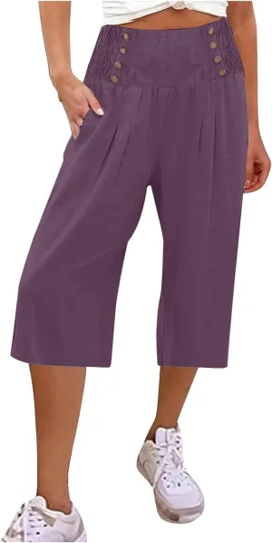 Cropped Wide Leg Pants for Women Summer Fashion Button Cotton Linen Pants High Waisted Lightweight Casual Trousers
