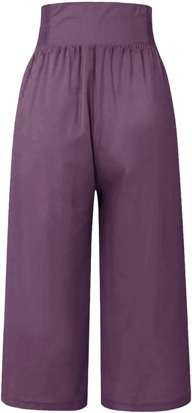 Cropped Wide Leg Pants for Women Summer Fashion Button Cotton Linen Pants High Waisted Lightweight Casual Trousers