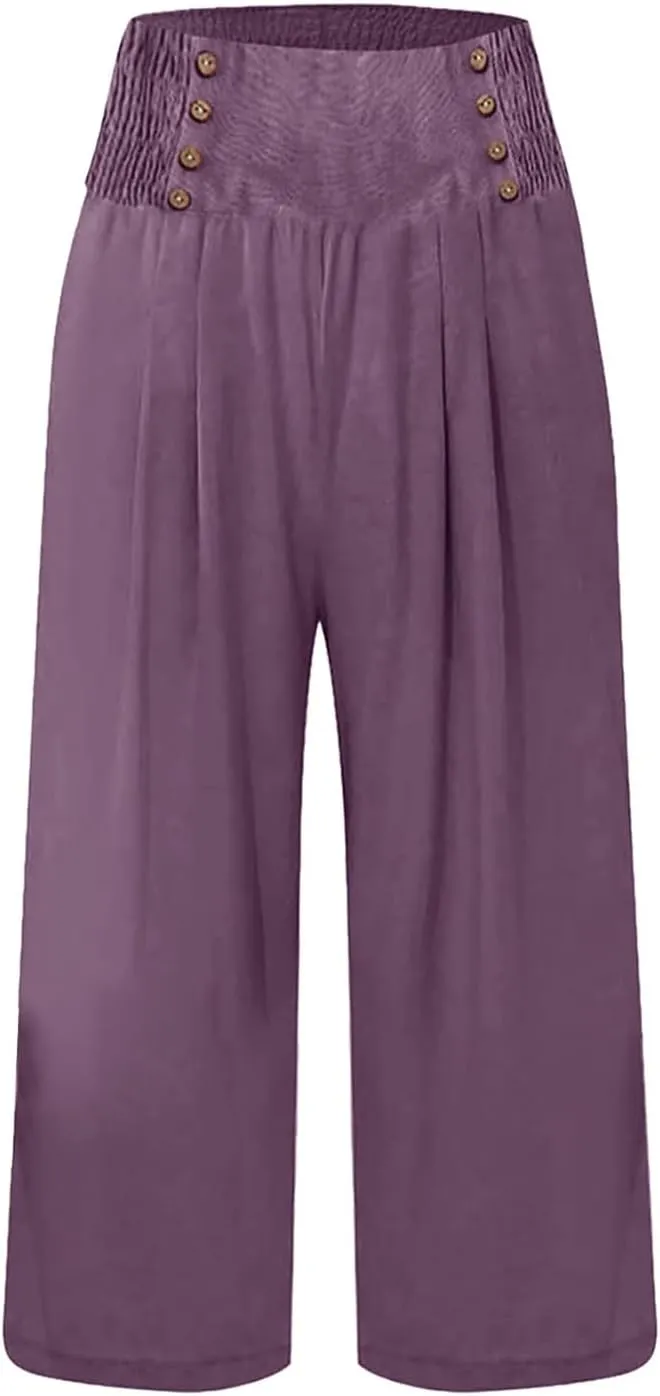 Cropped Wide Leg Pants for Women Summer Fashion Button Cotton Linen Pants High Waisted Lightweight Casual Trousers