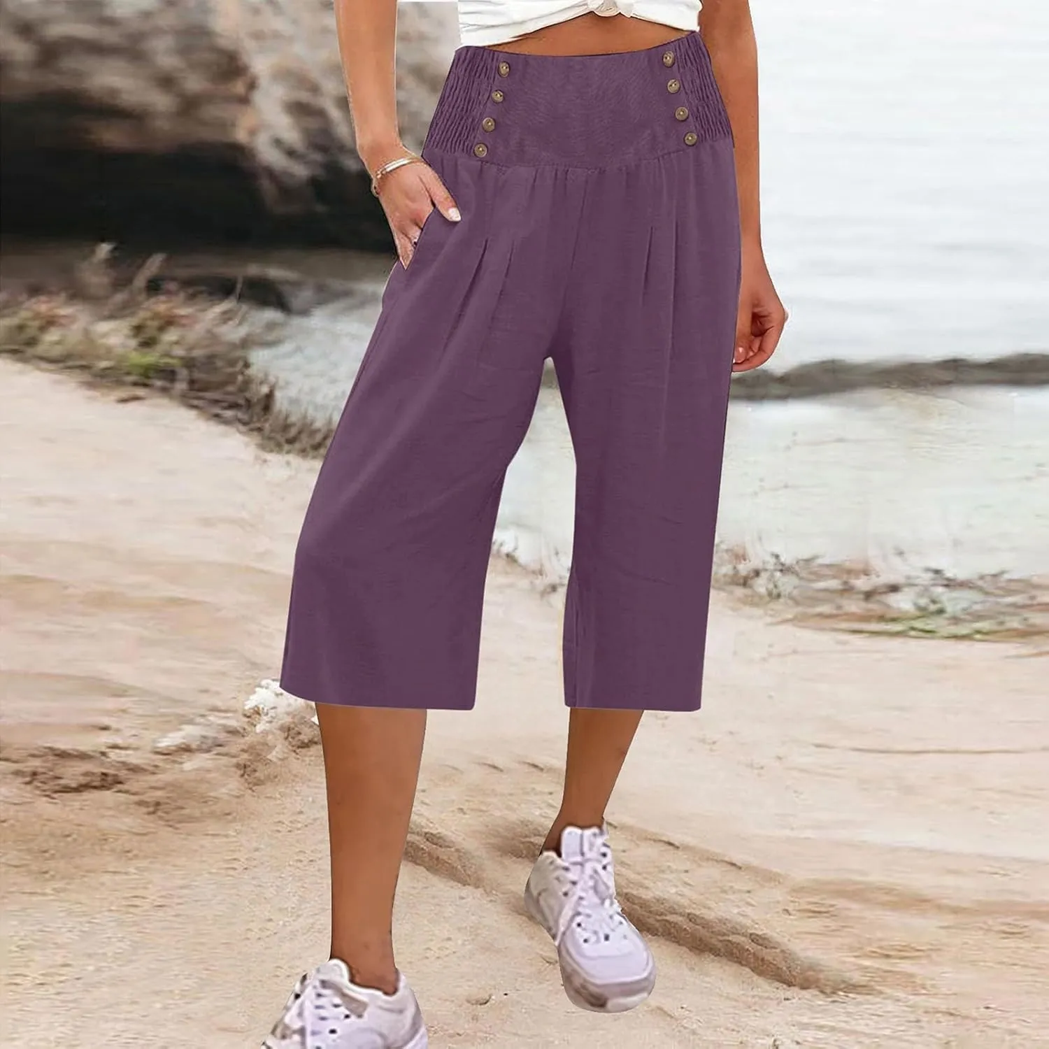 Cropped Wide Leg Pants for Women Summer Fashion Button Cotton Linen Pants High Waisted Lightweight Casual Trousers