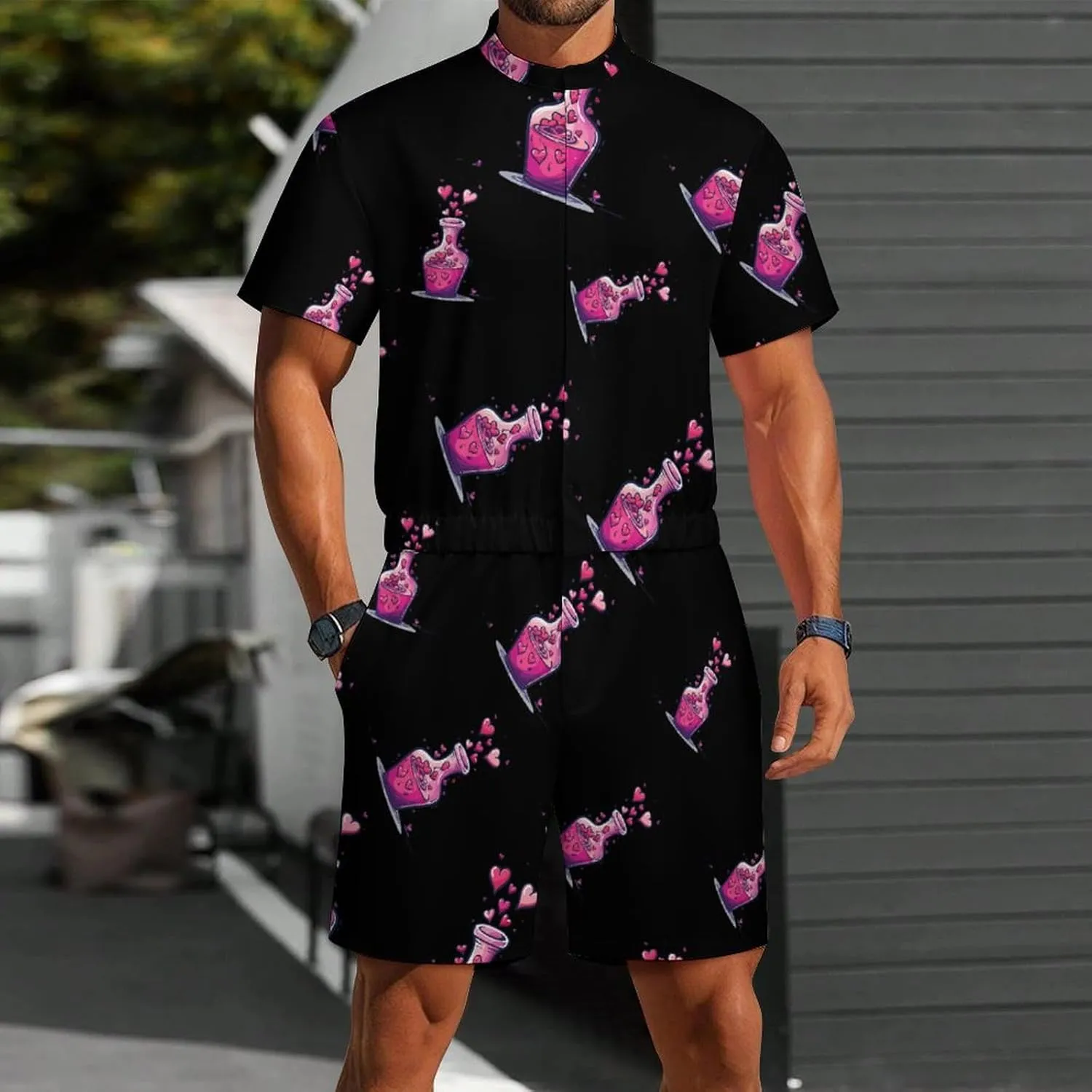 Cute And Fun Chemistry Mens Short Sleeve Rompers Printed Slim Fit One Piece Jumpsuit with Pocket