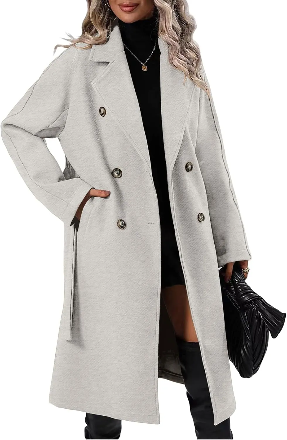 Danedvi Women Elegant Wool Pea Coat Lapel Collar Double Breasted Mid-Long Winter Overcoats with Belted Pockets