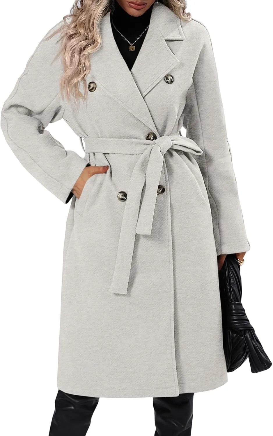 Danedvi Women Elegant Wool Pea Coat Lapel Collar Double Breasted Mid-Long Winter Overcoats with Belted Pockets