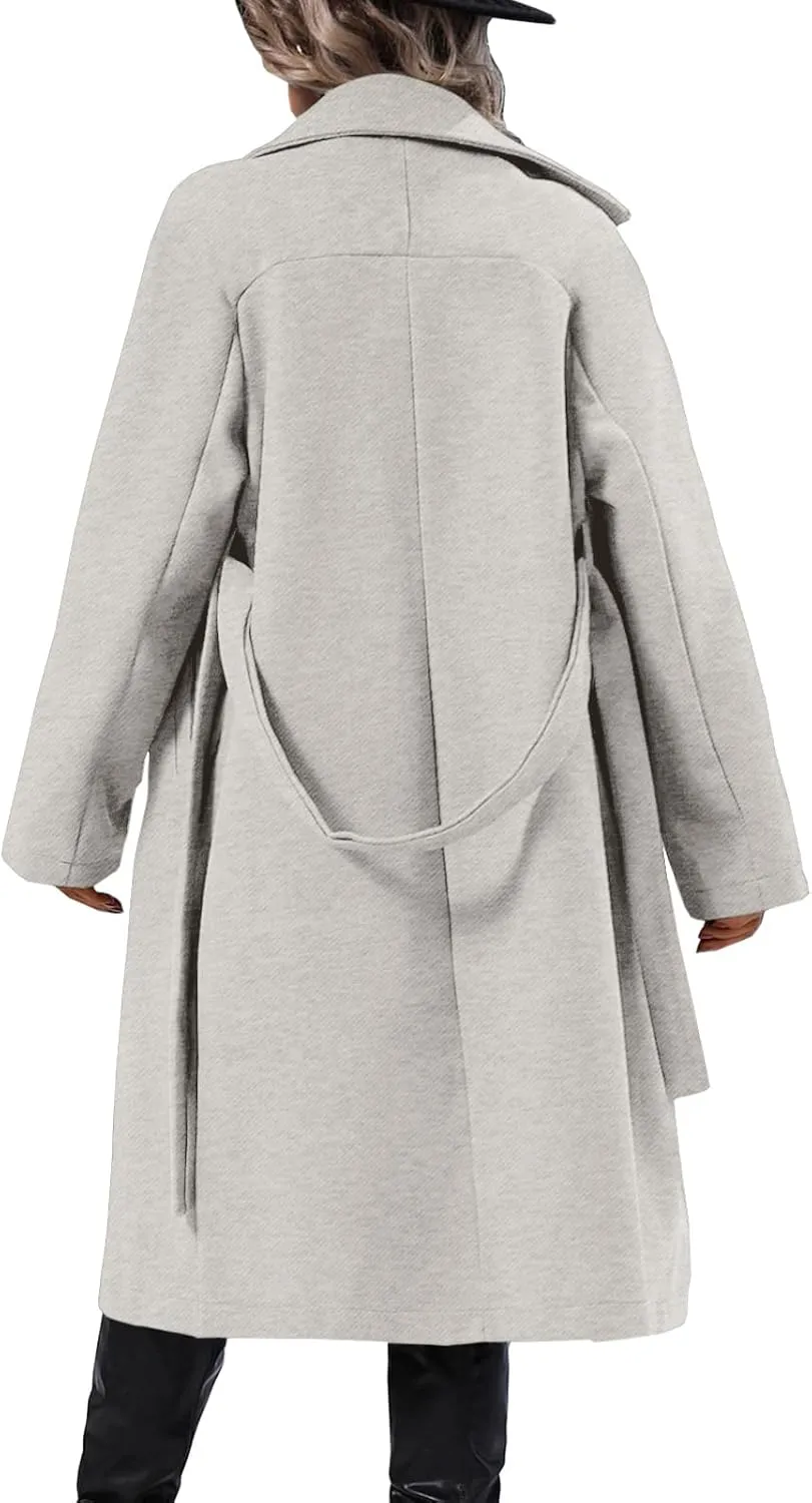 Danedvi Women Elegant Wool Pea Coat Lapel Collar Double Breasted Mid-Long Winter Overcoats with Belted Pockets