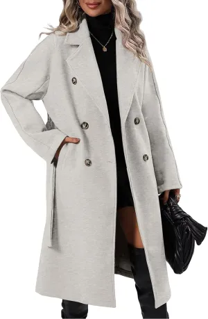 Danedvi Women Elegant Wool Pea Coat Lapel Collar Double Breasted Mid-Long Winter Overcoats with Belted Pockets