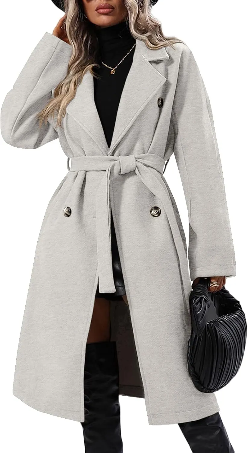 Danedvi Women Elegant Wool Pea Coat Lapel Collar Double Breasted Mid-Long Winter Overcoats with Belted Pockets