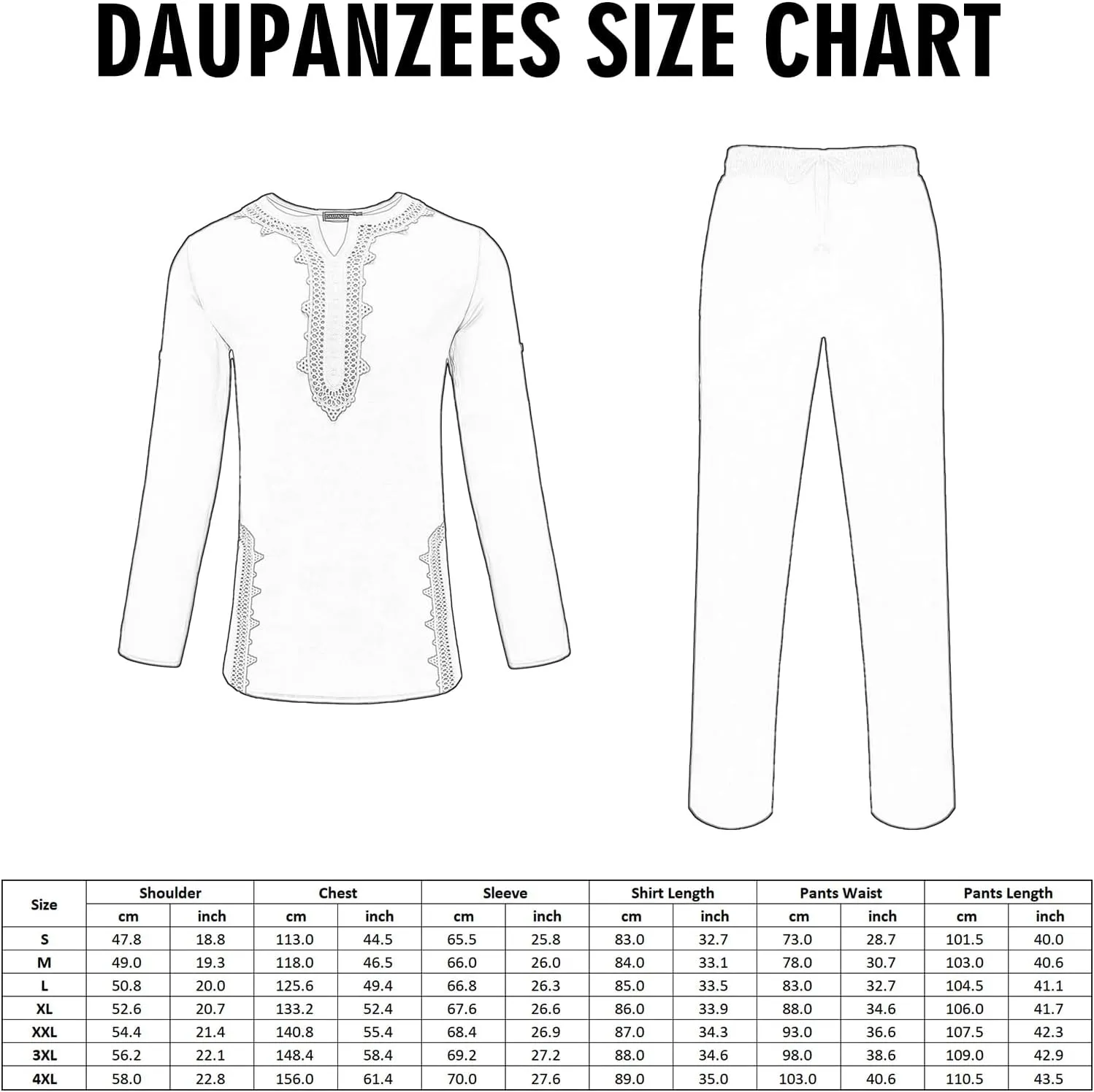 Daupanzees Men's African 2 Piece Set Traditional Dashiki Suit Lace Embroidered Pullover Shirt and Solid Pants Outfit