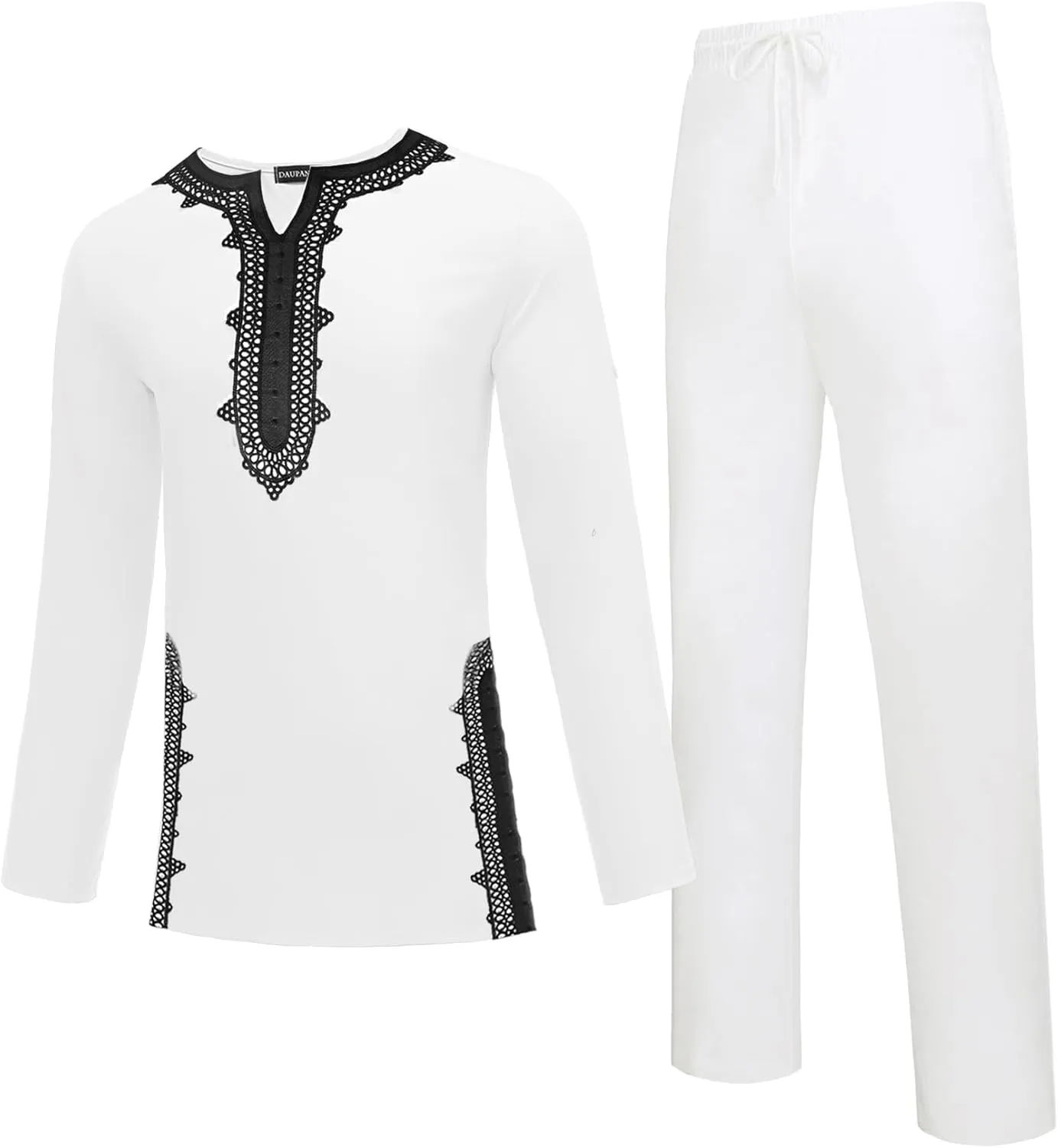 Daupanzees Men's African 2 Piece Set Traditional Dashiki Suit Lace Embroidered Pullover Shirt and Solid Pants Outfit